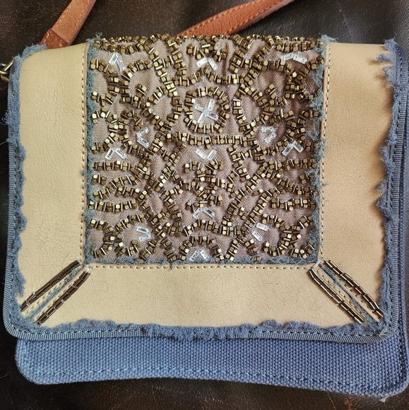 Miss Albright Anthropologie bag denim blue brown leather beading shoulder strap - Picture 8 of 9